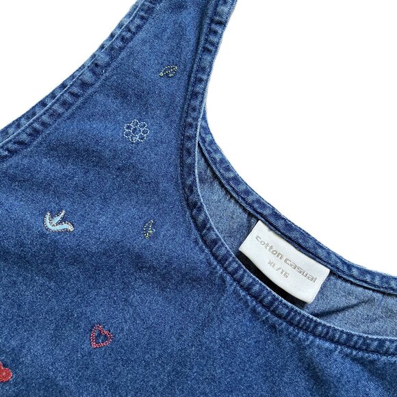 Denim Chambray Maxi Dress Jumper Noah's Ark Embroidery 90s Cotton Casual XL - Picture 5 of 8